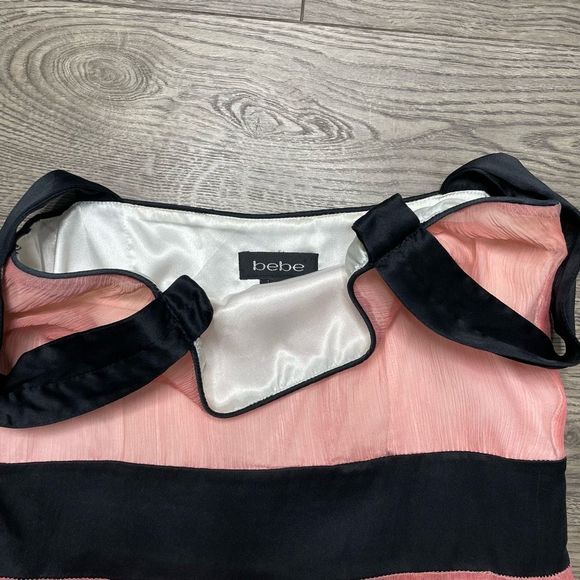 BEBE Pink Black Silk Dress Ruffle Sheer Formal Size 6 Small Midi Length - Picture 4 of 11